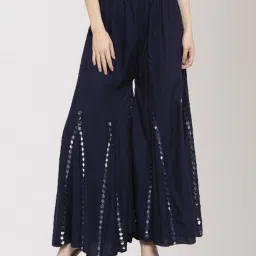 Women Flared Dark Blue Viscose Rayon Trousers-image-21