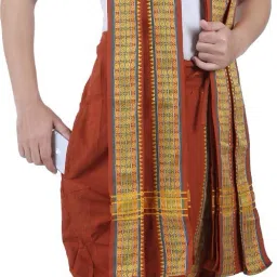 Prakasam Cotton Men's Dark Kaavi Colour Panjakejam Readymade dhoti and towel set with pocket - free Size-100% cotton Solid Men Dhoti-image-35