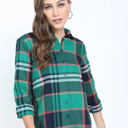 Women Regular Fit Checkered Cut Away Collar Casual Shirt-image-49