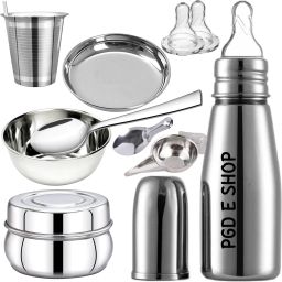 Baby Feeding Bottle, Feeder, Bowls, Spoons, Straw Glass, Glass Plate, 2 Nipple - Stainless Steel-image-48