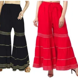 Pack of 2 Women Flared Black, Red Viscose Rayon Trousers-image-44