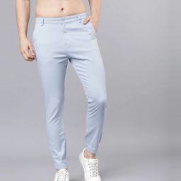 Men Slim Fit Light Blue Cotton Blend Trousers-image-5