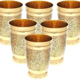 (Pack of 6) Mughal Design Etching Finish Brass Glasses 300 ML Each (Set of 6) Glass Water/Juice Glass-17