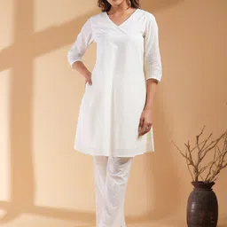 Janasya Dobby Pure Cotton Self Design V-Neck A-line Co-ords Set-image-61