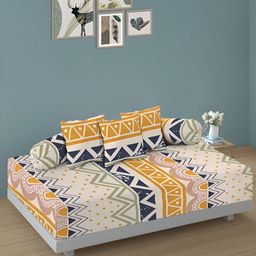 Aura Set Of 6 Yellow & Cream Printed Geometric TC Cotton Diwan Set-24