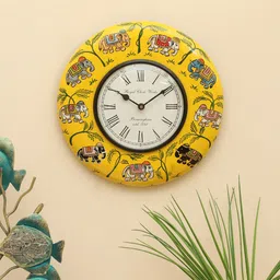 vedas Yellow & White Printed Round Shaped C-Mason Wooden Wall Clock With Dial-0