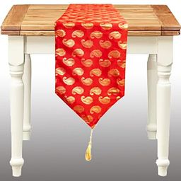 Pink Parrot Red & Gold Toned Ethnic Motifs Table Runner With Tassels-image-68