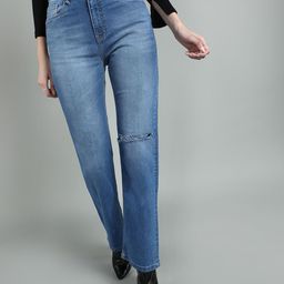 Mast & Harbour Women Straight Fit High-Rise Slash Knee Light Fade Stretchable Jeans-image-99