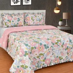 MORADO  White & Pink Cotton Printed Queen Size Bed Cover With Pillows-picture-23