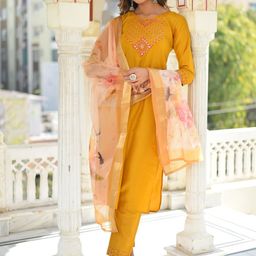 DISHWA FASHION Women Embroidered Regular Pure Silk Kurta with Trousers & Dupatta-image-58