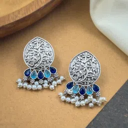 NAMAN ARTS Silver-Plated Stones Studded & Beaded Teardrop Shaped Oxidised Drop Earrings-17
