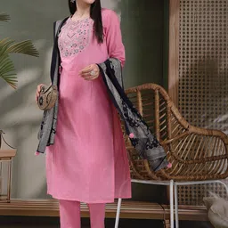 Sangria Embroidered Pure Cotton Straight Kurta With Trousers & Dupatta-19