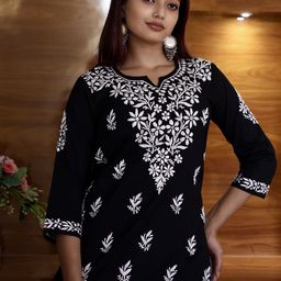 myplusfashion Ethnic Motifs Embroidered Chikankari Pure Cotton Chikankari Kurti-image-42