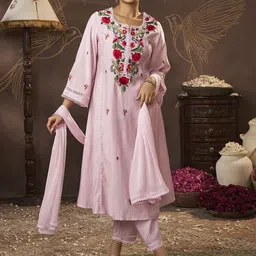Bhama Couture Jennifer Winget Notch Neck Cotton Silk A-Line Kurta With Trouser & Dupatta-image-7