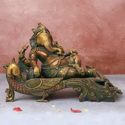 The Advitya Gold-Toned Religious Antique Ganesha Resting On Peacock Couch Idol Showpiece-picture-22