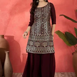 Sangria Floral Embroidered Round Neck Sequinned Straight Kurta With Palazzo-image-92