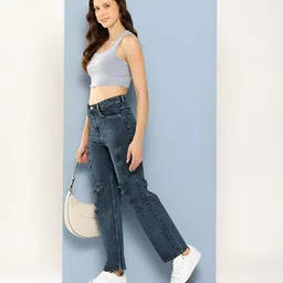 BAESD Women Straight Fit Mid-Rise Mildly Distressed Light Fade Stretchable Jeans-picture-48