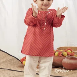 Vivedkids Boys Striped Regular Mirror Work Pure Cotton Kurta with Trousers-28