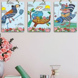 ArtVibes 3-Pcs Blue & Pink Pichwai Printed Wooden Wall Hanging Decor-image-27