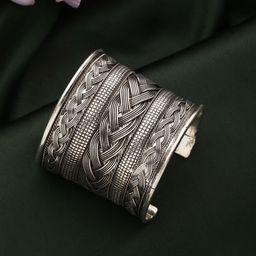Sangria Silver-Plated Oxidised Textured Cuff Bracelets-picture-18