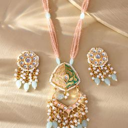 DASTOOR Gold Plated Stone Studded & Beaded Jewellery Set-image-38
