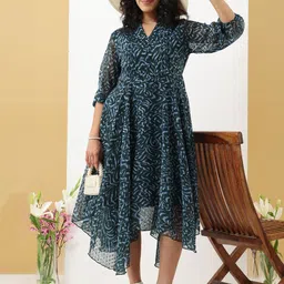 Mustard Floral Print Chiffon A-Line Midi Dress-image-19