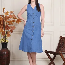 PUELLA Women V-Neck Denim Cotton A-Line Dress-picture-9