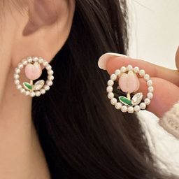 M55 Korean Gold-Plated Artificial Stones Studded & Pearls Beaded Floral Shaped Studs image 4