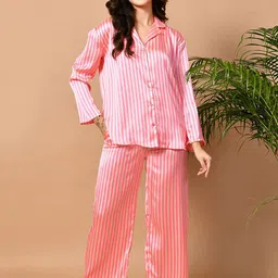PRETTY LOVING THING Women Striped Shirt Collar Long Sleeves Night suit-image-14