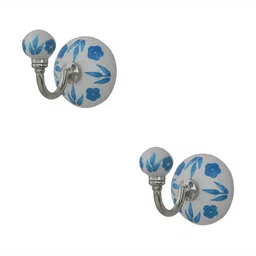 IndianShelf White & Silver-Toned 2 Piece Floral Printed Ceramic Wall Hooks-image-129