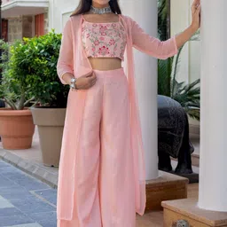 HERE&NOW Light Pink Embroidery Shantoon Shrug, Crop Top with Palazzo Co-ord Set-picture-38