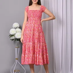 VYMO Floral Printed Square Neck Smocked Tiered Fit & Flare Midi Dress-image-33