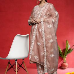 Varanga Women Ethnic Motifs Embroidered Regular Thread Work Pure Cotton Kurta with Trousers & With Dupatta-picture-15