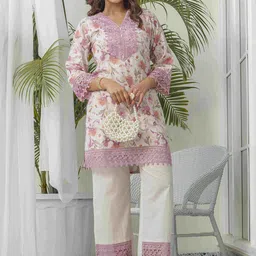 Sangria Floral Printed V-Neck Linen Tunic With Trousers-image-94