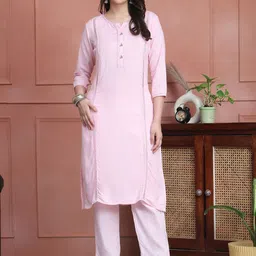 JABAMA Women Solid Lace Detail Pure Cotton Kurta with Trousers-3