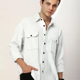 Beyoung Men Spread Collar Solid Cotton Relaxed Fit Casual Shirt-image-11