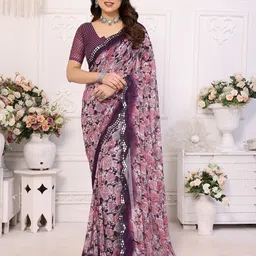 The Textile Hub Floral Printed Mirror Work Pure Georgette Saree-47