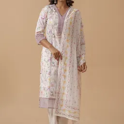 House of Pataudi Floral Printed V-Neck Linen Straight Kurta With Trousers & Dupatta-42