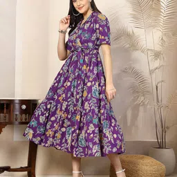 Stylum Women Floral Printed Shirt Collar Puff Sleeves Tiered Fit And Flare Dress-picture-7