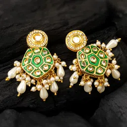 aadita Gold-Plated Kundan Studded & Pearls Beaded Geometric Shaped Drop Earrings-picture-6