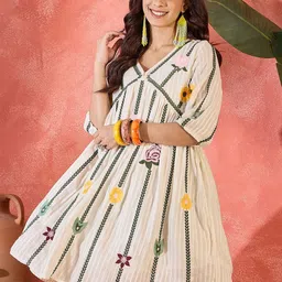 Sangria Embroidered Cotton V-Neck Dresses-image-98