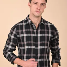 POE Men Spread Collar Checked Cotton Casual Shirt-image-97