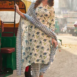 Moda Rapido Off White Floral Pure Cotton Straight Kurta with Trousers & Dupatta-36