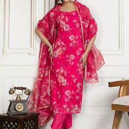 House of Pataudi Women Floral Printed Straight Kurta & Trousers with Dupatta-45