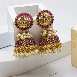 GRIIHAM Gold-Plated Pearls Beaded Temple Dome Shaped Jhumkas-image-52
