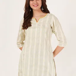 Brownverse Women Striped Thread Work Dobby Kurta-image-31