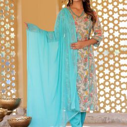 DOISA Women Printed Regular Sequinned Kurta with Trousers & With Dupatta-image-1