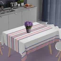 HOME COLORS.IN White Striped Cotton 4-Seater Table Cover-image-10