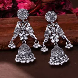 DIVASTRI Silver-Plated Pearls Beaded & Kundan Studded Peacock Shaped Oxidised Jhumkas-15