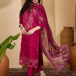 Sangria Floral Embroidered Thread Work Straight Kurta With Trousers & Dupatta-picture-44